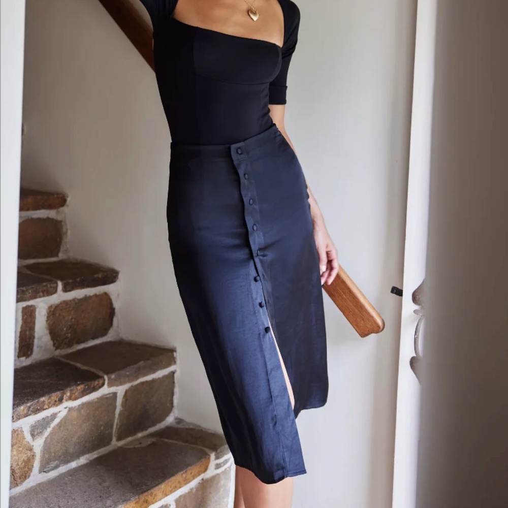 Free People Satin Black Button Up Midi Skirt